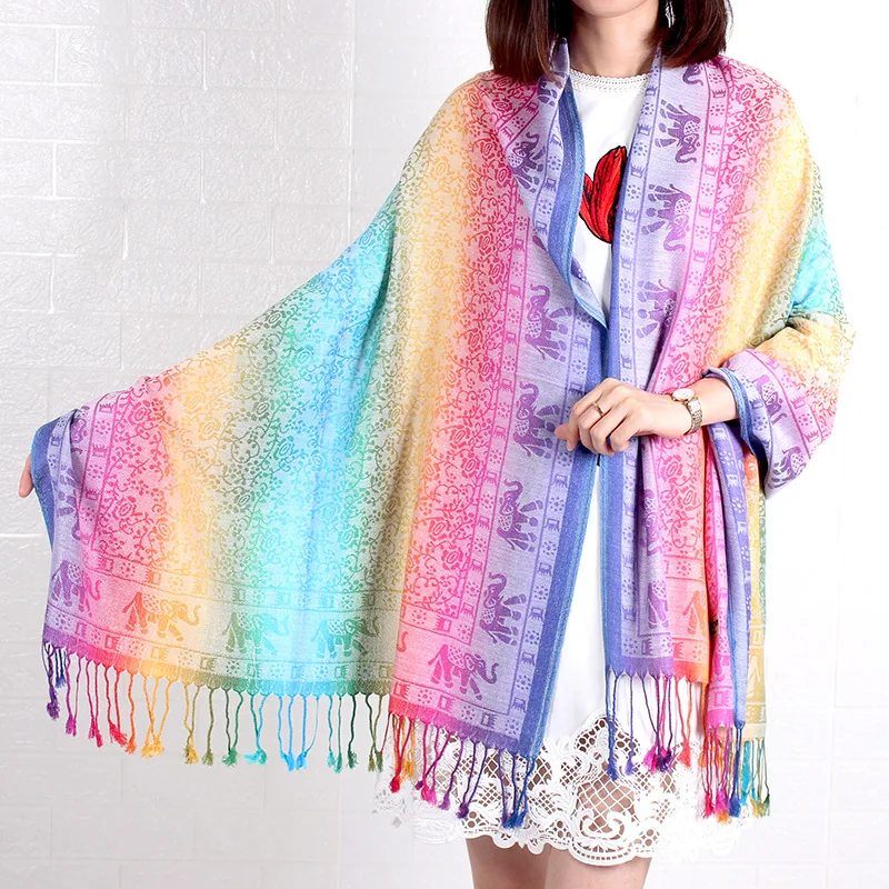 

Новый элегантный атласный шарф-слон в стиле бохо Радужный цвет Женская шаль модный ветрозащитный Теплый шарф большие шарфы для женщин