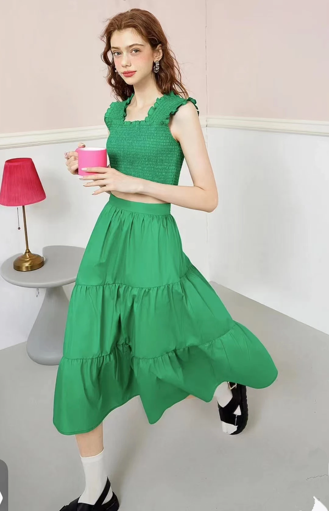 New Summer Women Sweet Dopamine Skirt Suits Square Collar Sleeveless Elastic Crop Top And High Waist Long Skirt Two Piece Set