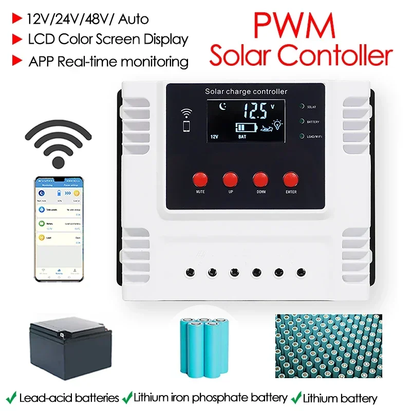 10A 20A 30A 40A 50A 60A WIFI App Control PWM Solar Charge Controller 12V/24V/48V Auto for Lithium and Lead-Acid Battery