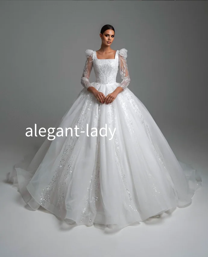 Long Sleeve Square Neck White Wedding Dress 2025 Fashion Elegant Lace Inlaid Sequins Puffy Arab Bridal Gowns Customised