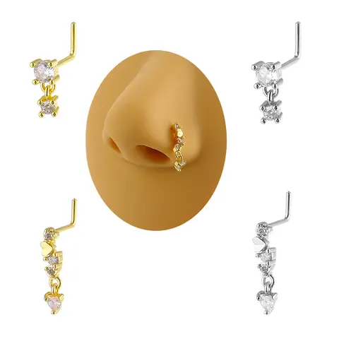 Stainless Steel Long Fashion Nose Rings for Women Copper with CZ Heart Dangle L-Bend Nose Piercing Jewelry Body Jewelry 20G