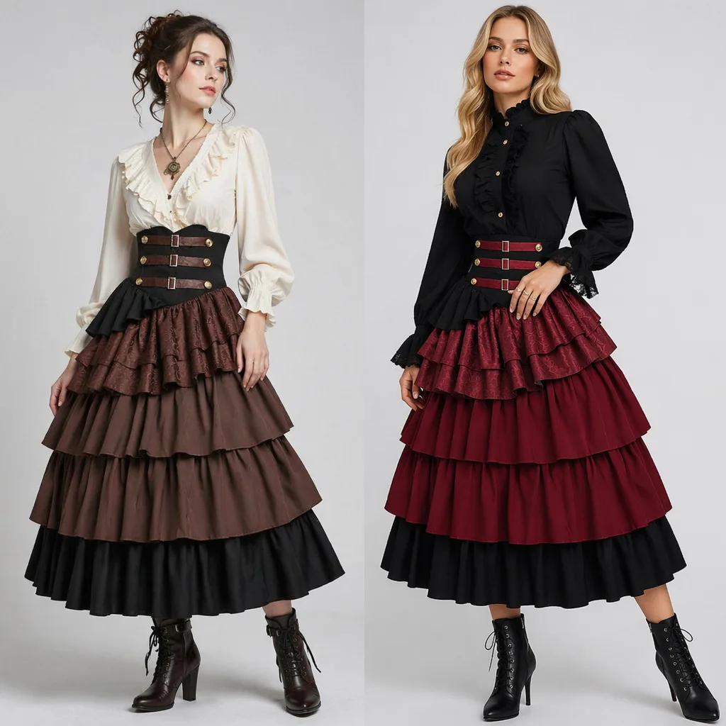 

Women's Steampunk Gothic Skirt Pirate High Waist Layered Hemline Halloween Costume Somali Pirate Style Fashionable Ethnic Wear