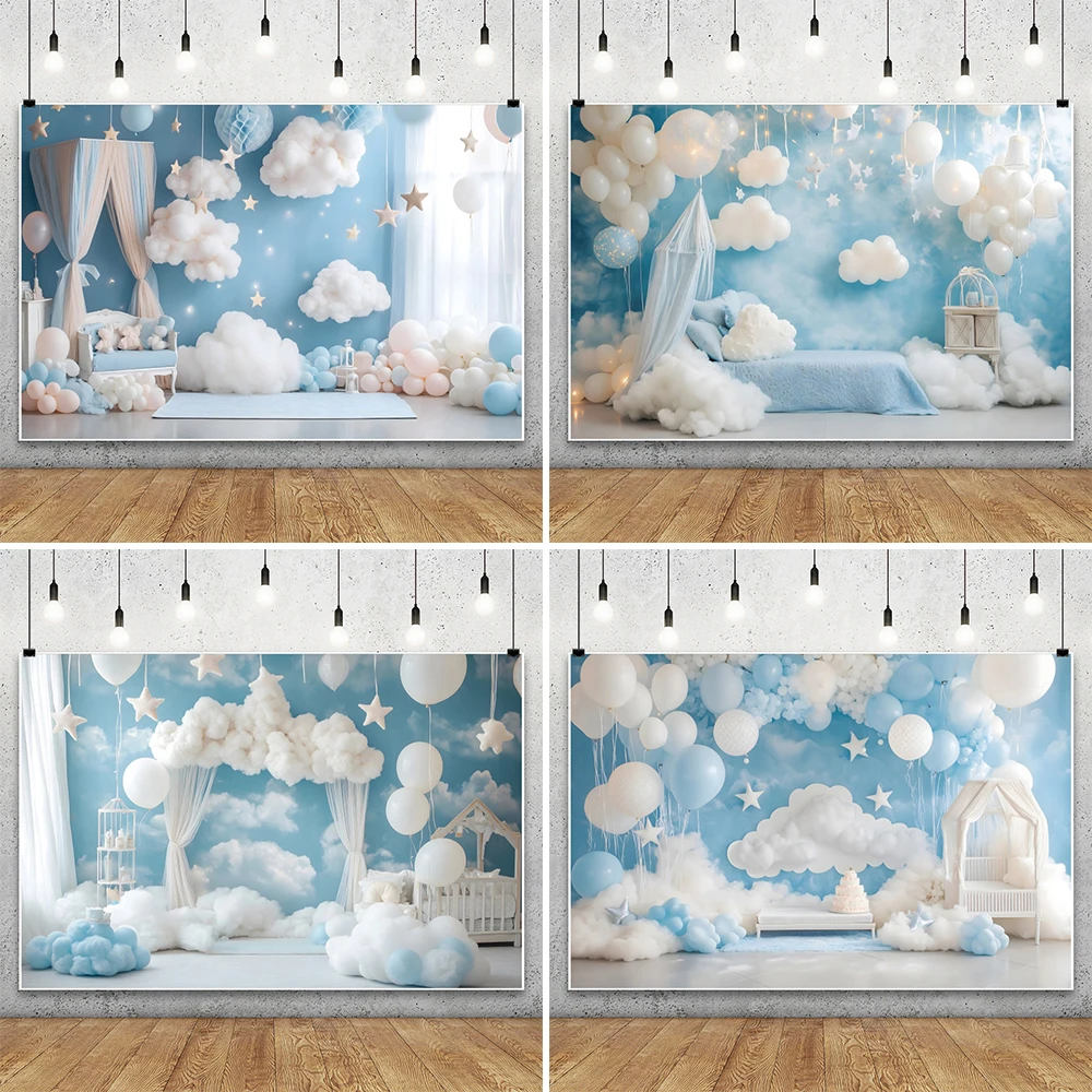 Fond de photographie bleu pour réception-cadeau pour bébé, nuages blancs, ballons étoiles, décorations d'anniversaire pour enfant, stand Photo, Portrait, arrière-plan pour Photo