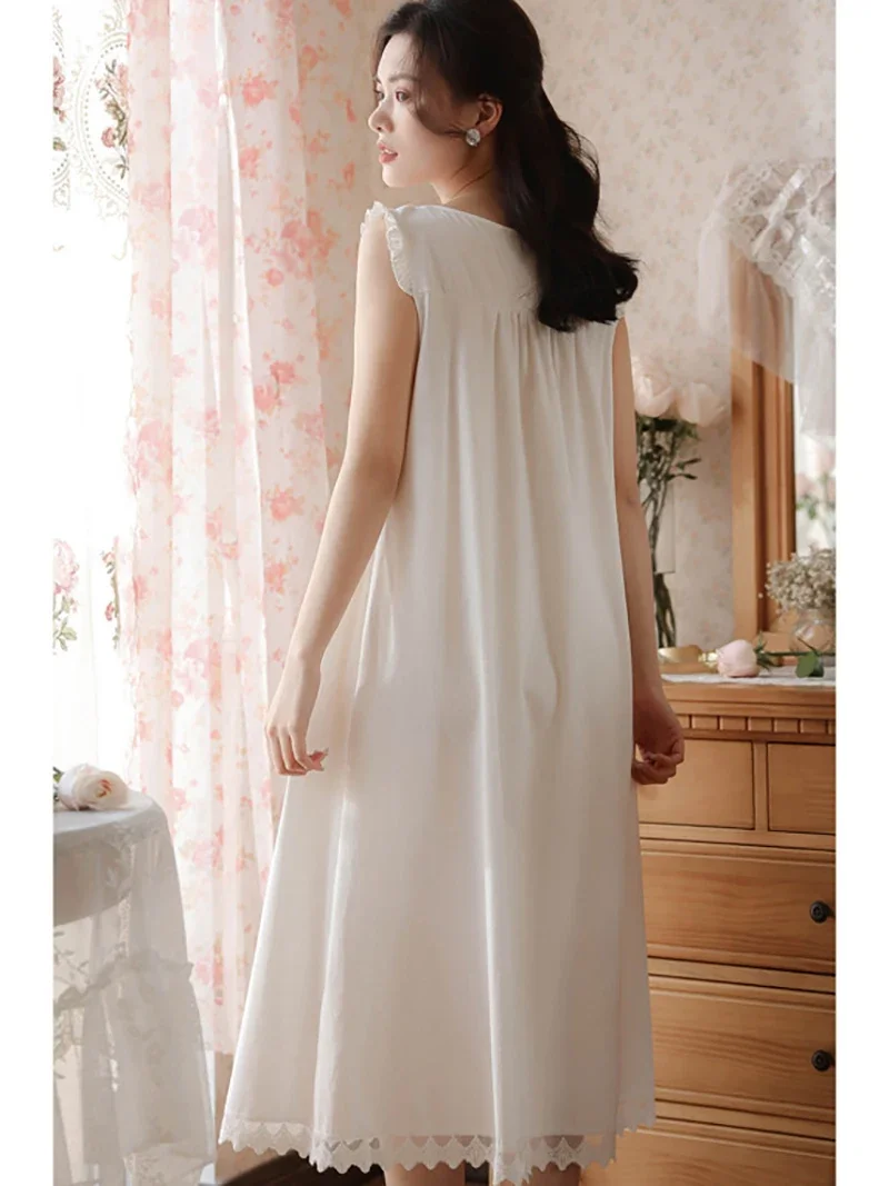 Women White Summer Cotton Sleeveless Night Dress Long Nightdress Sweet Lace Peignoir Victorian Nightgowns Princess Sleepwear