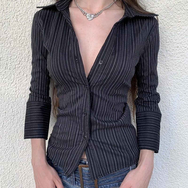 IAMHOTTY Chic Elegant Striped Button-up Shirt Black Casual Basic Slim-fitting Blouse Vintage Turn-down Collar Long Sleeve Tops