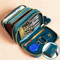 RFID Credit Card Holder Unisex Zipper Money Clip Wallet Genuine Leather Wallets with Key Holders Blue Cardholder for Women Men