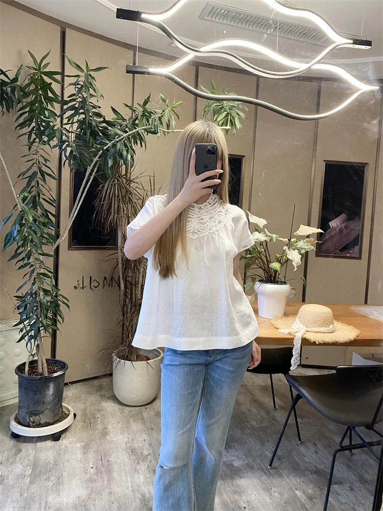 

Susan Lin Small ence Heavyweight Loose round Ne Two Color Linen Top Commute Sle ort Sve Pure Color Crew Ne