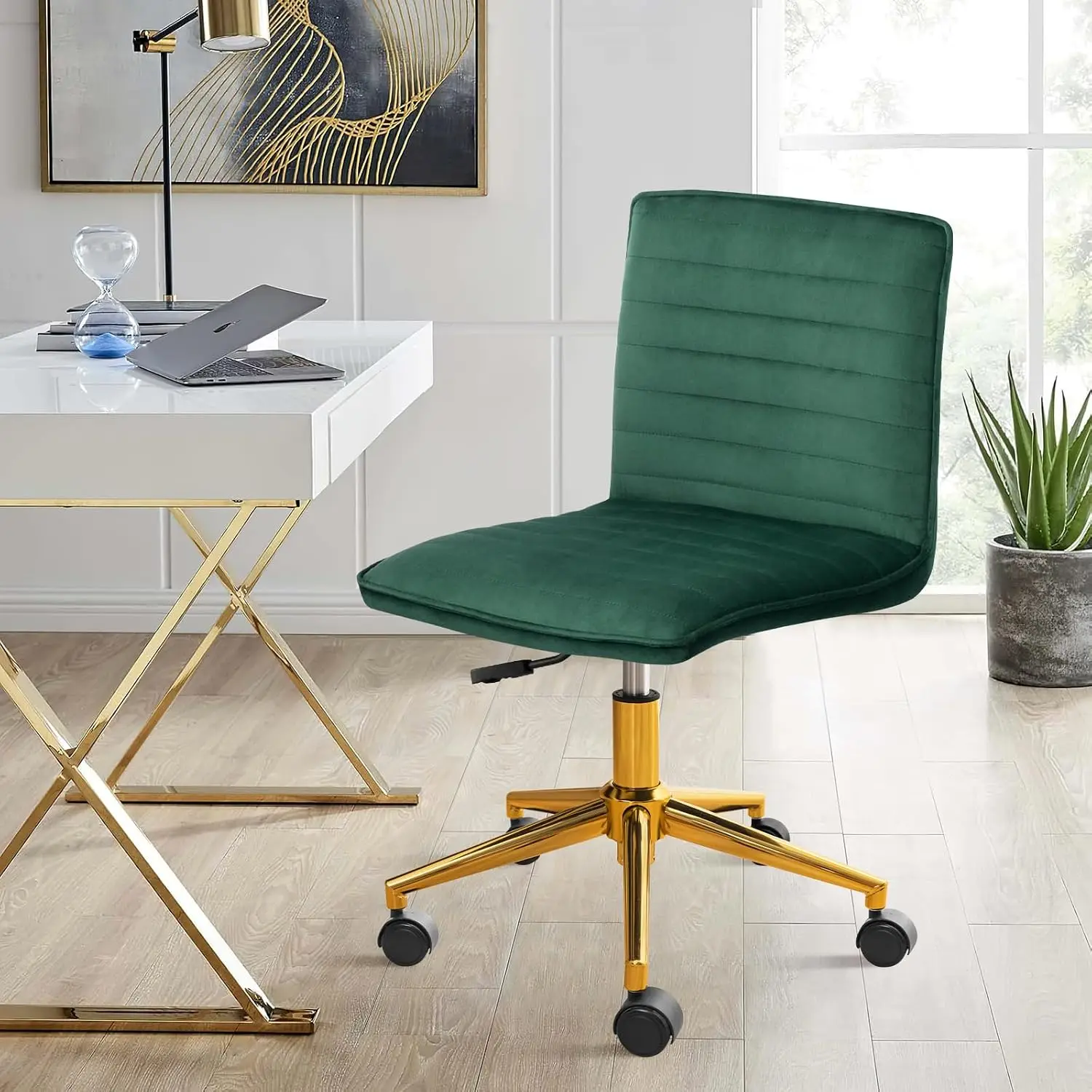 Armless Vanity Chair with Wheels, Computer Rolling Desk Chair with Back Soft Velvet Fabic Height Adjustable Gold Metal Base