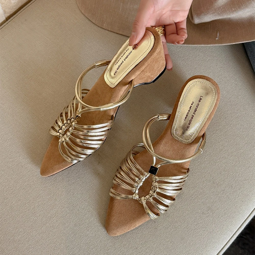 

Women's Woven Strap Wedge Sandals, Pointed Toe Suede Heel Mules, Retro Summer Slip-On Slides in Gold & White, Casual Footwear