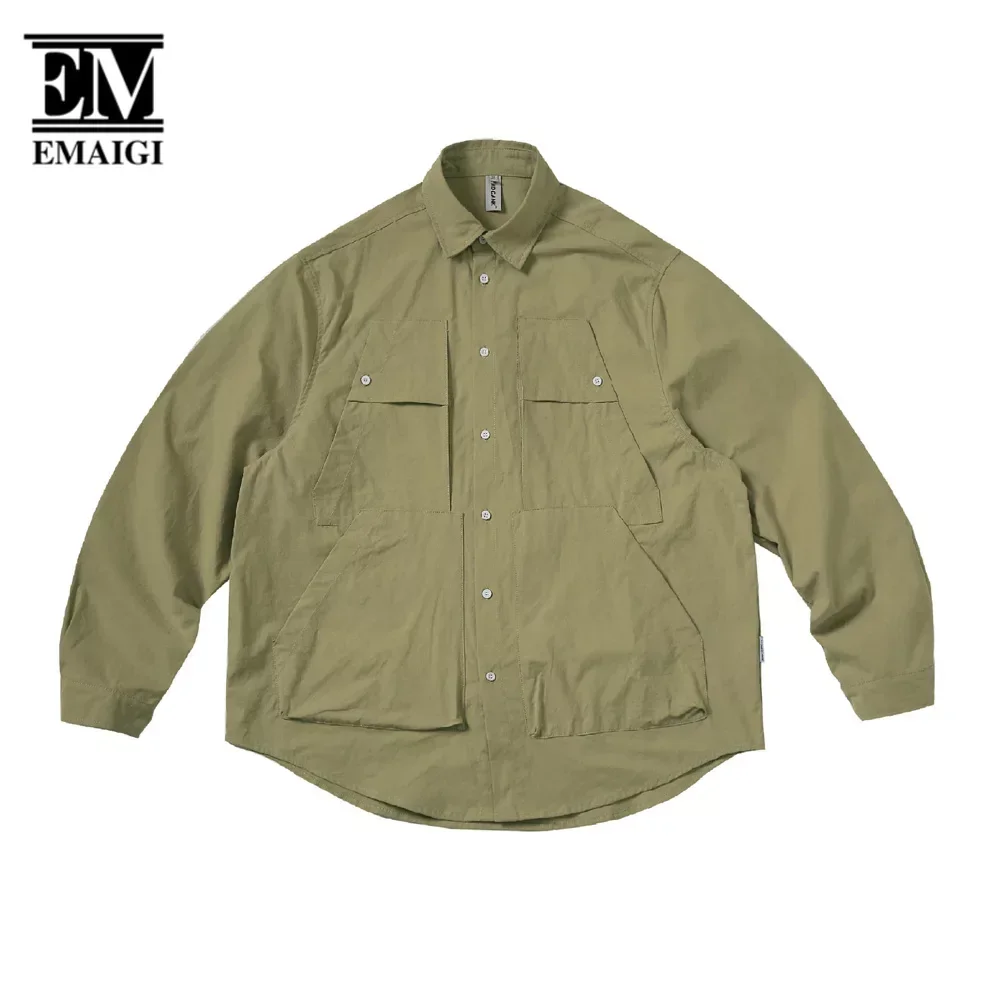 Men High Quality Solid Cotton Multi-pocket Loose Casual Long Sleeve Oversized Cargo Shirts Man Japanese Streetwear Cityboy Shirt