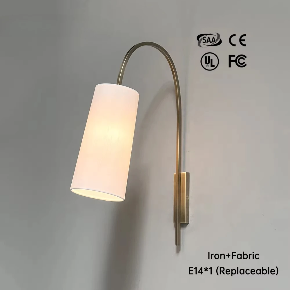 Vintage coffee shop living room bedside wall lamp modern wrought iron curved arm linen lampshade entrance bedside wall lamp lamp