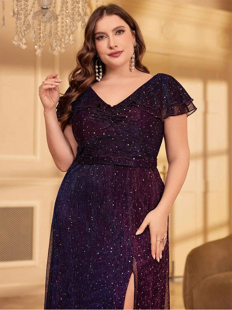 Plus Size V-Neck Purple Colorful Polka Dot Floor-Length Bridesmaid Dress Big Size Banquet Festival Evening Dress Women