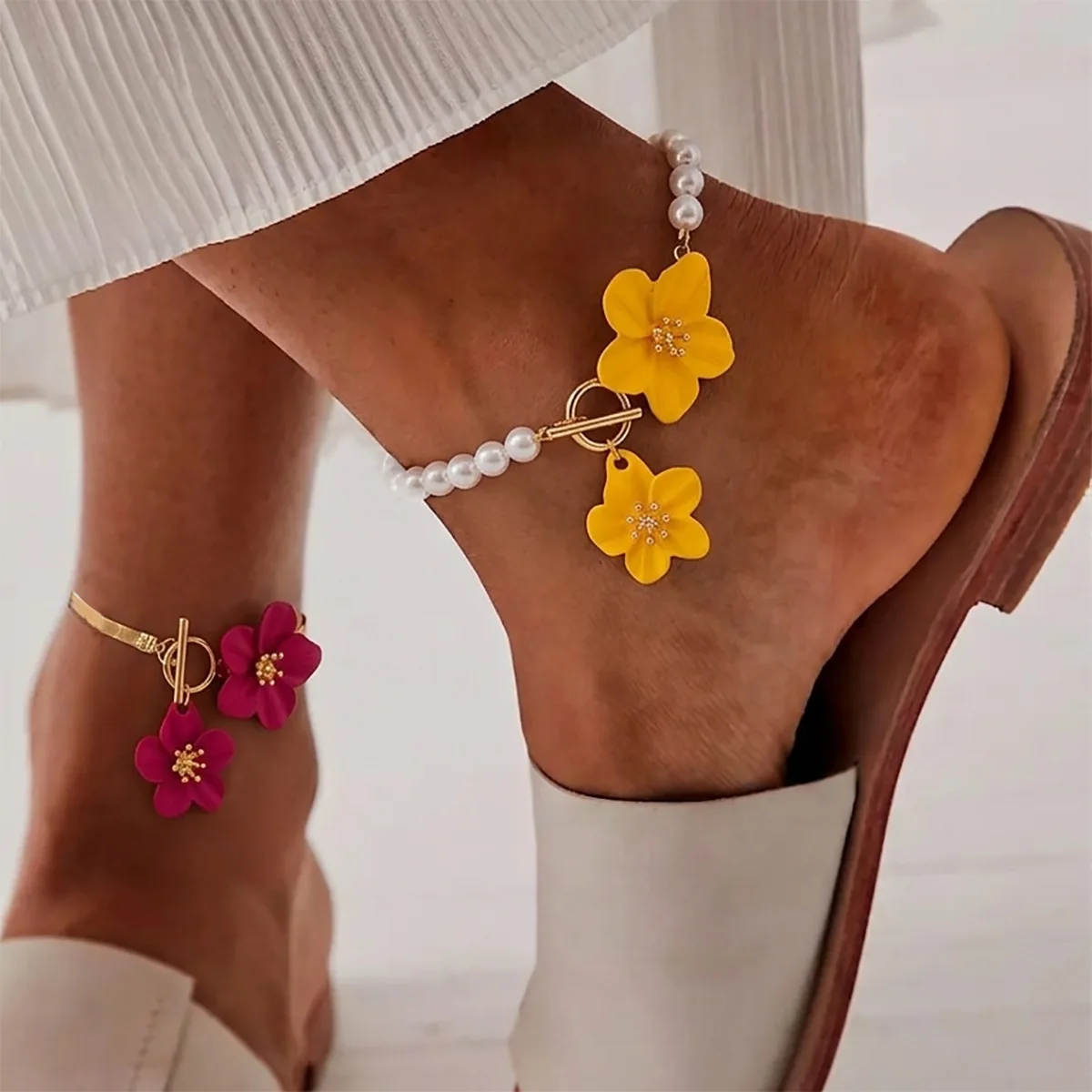 Anklet Adjustable Colorful Enamel Flowers Faux Pearl Snake Chain Beach Vacation Durable Lightweight Elegant Women