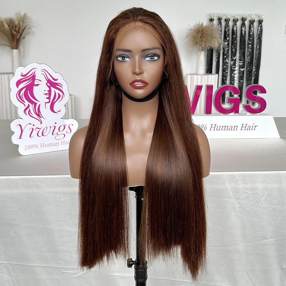 

Yiwigs Color #4 Chocolate Brown Bone Straight 13x4 HD Transparent Lace Frontal Double Drawn Human Hair Wigs Lace Front Wig