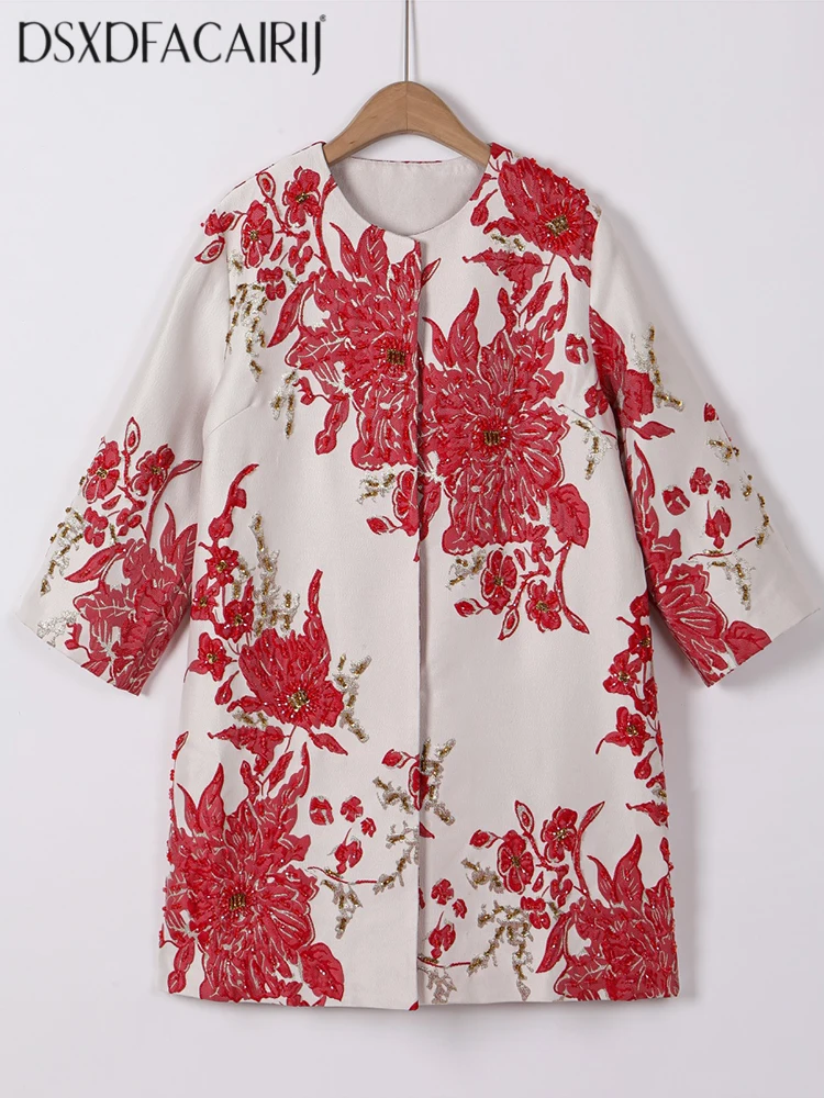 

DSFACAIRIJ женское жаккардовое пальто с круглым вырезом и блестками, расшитое бисером, 4/3, с рукавами и пуговицами, уличная модная верхняя одежда на осень