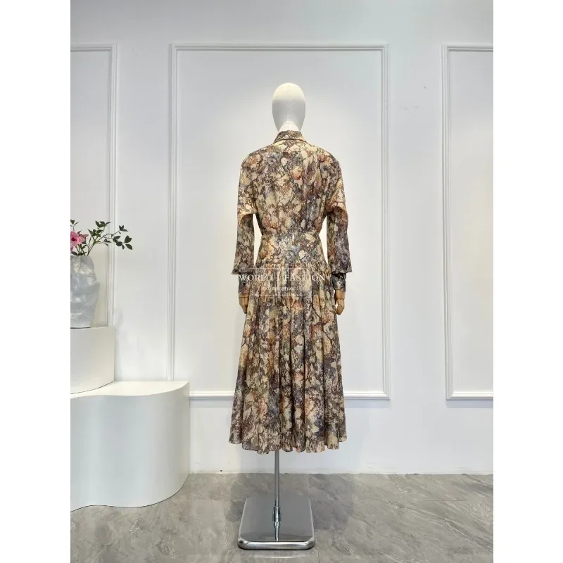 and Pants Set 2025 Top Quality Yellow Floral Print Long Sleeve Blouse Tops and Pleat Midi Skirt