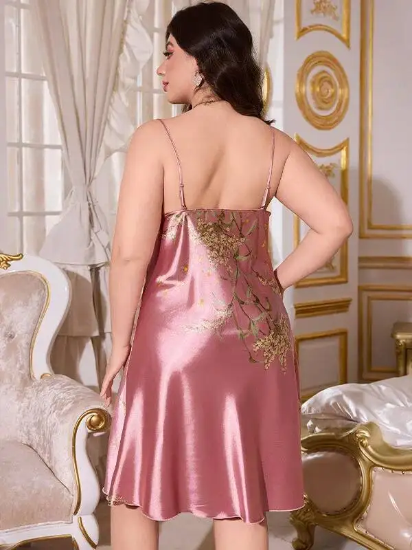 Nuevo vestido de dormir de seda sintética de talla grande para primavera y verano, camisón estampado Sexy para mujer, ropa de casa sencilla, vestido de dormir de seda helada ZV8T