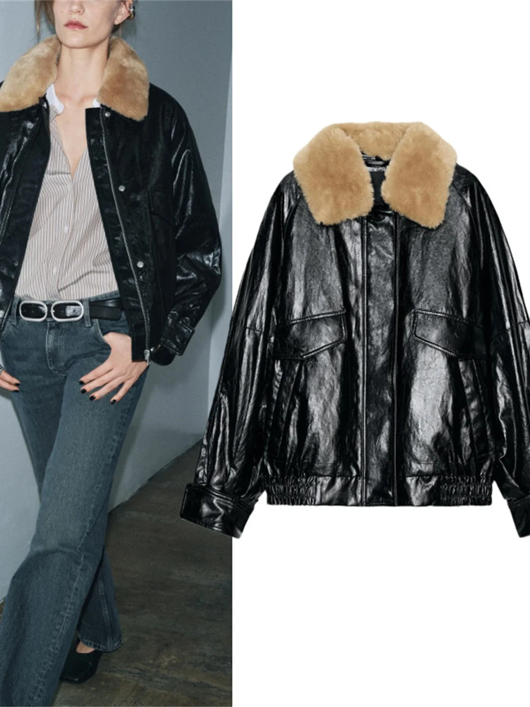 

Faionable Detachable Artificial Fur Collar Jaet Women's Autumn Winter New Sle Casual Zipper Waist Cinched PU Leather Coat