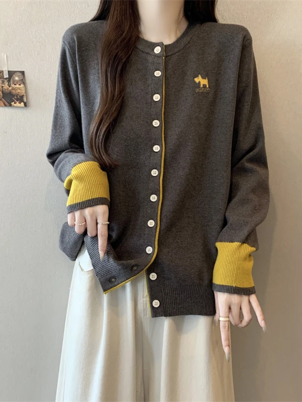 

plus Size Women's Grey round Neck Knitted Open Cardigan Long Sleeve Stitched Lazy Sweater Autumn Winter Fashion Korean Style