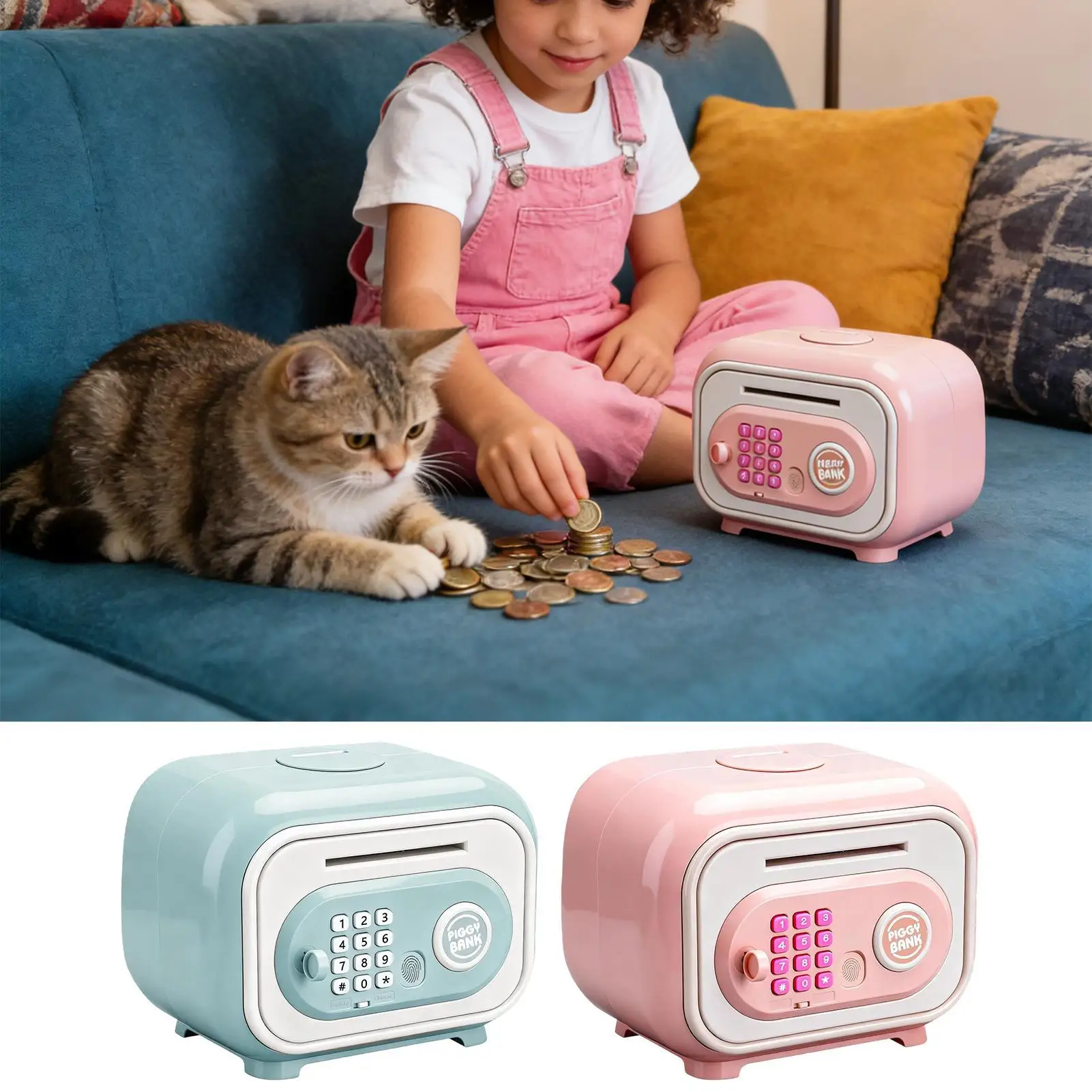بنك كهربائي للأطفال لعبة ATM نقدية بنك المال الإلكتروني مع رمز وبصمة الإصبع لعد التوفير للأعمار من 3 إلى 12 عامًا