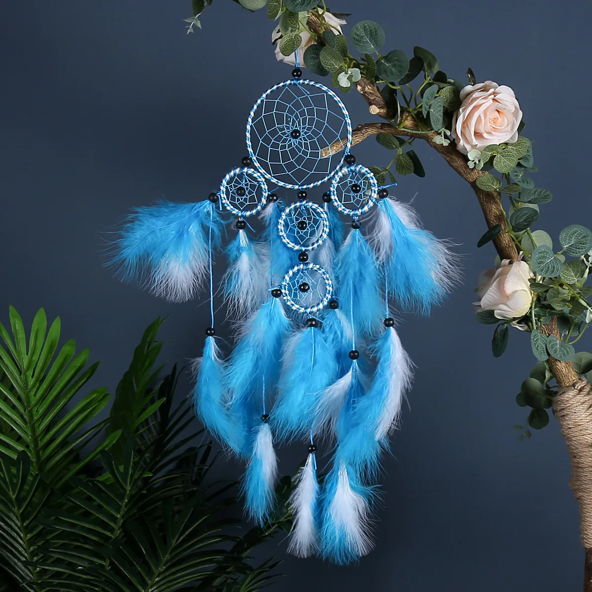 

Two-Tone Furry Dream Catcher, 5 Rings Boho Wall Hanging, Wholesale Feathered Wind Chime, Bulk Macrame Decor