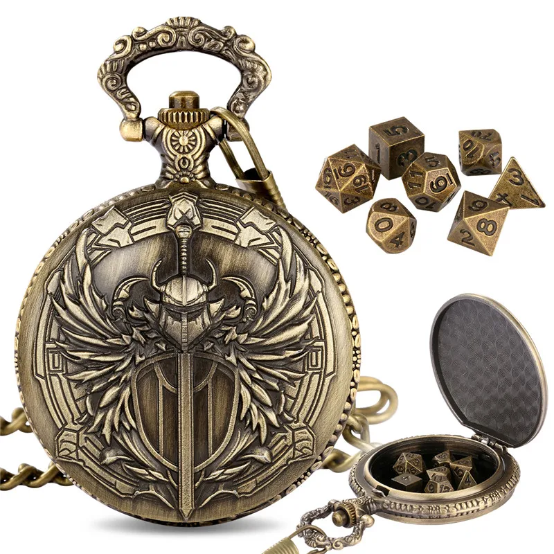 

Bronze Carved Paladin Pocket Watch Case Fob Chain 7pcs Tiny Metal Polyhedral Dice Set for Entertainment Role Play Gaming Dices