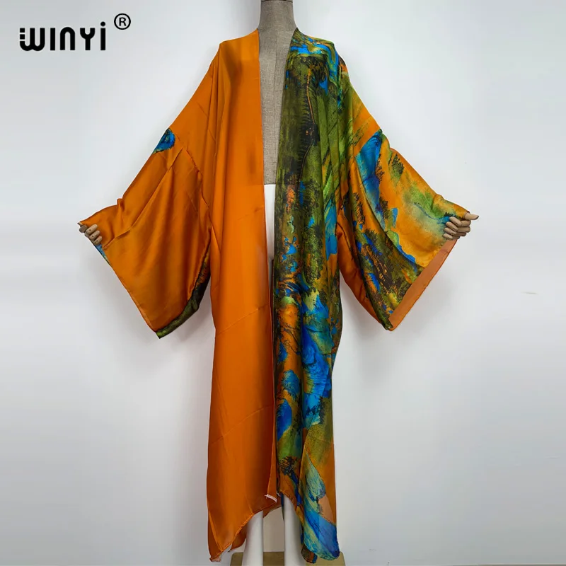 AFRICA WINYI Summer Beach Wear Cover Up Lady Boho Cardigan White printing elegant Silky and skin-friendly sexy Holiday Kimono