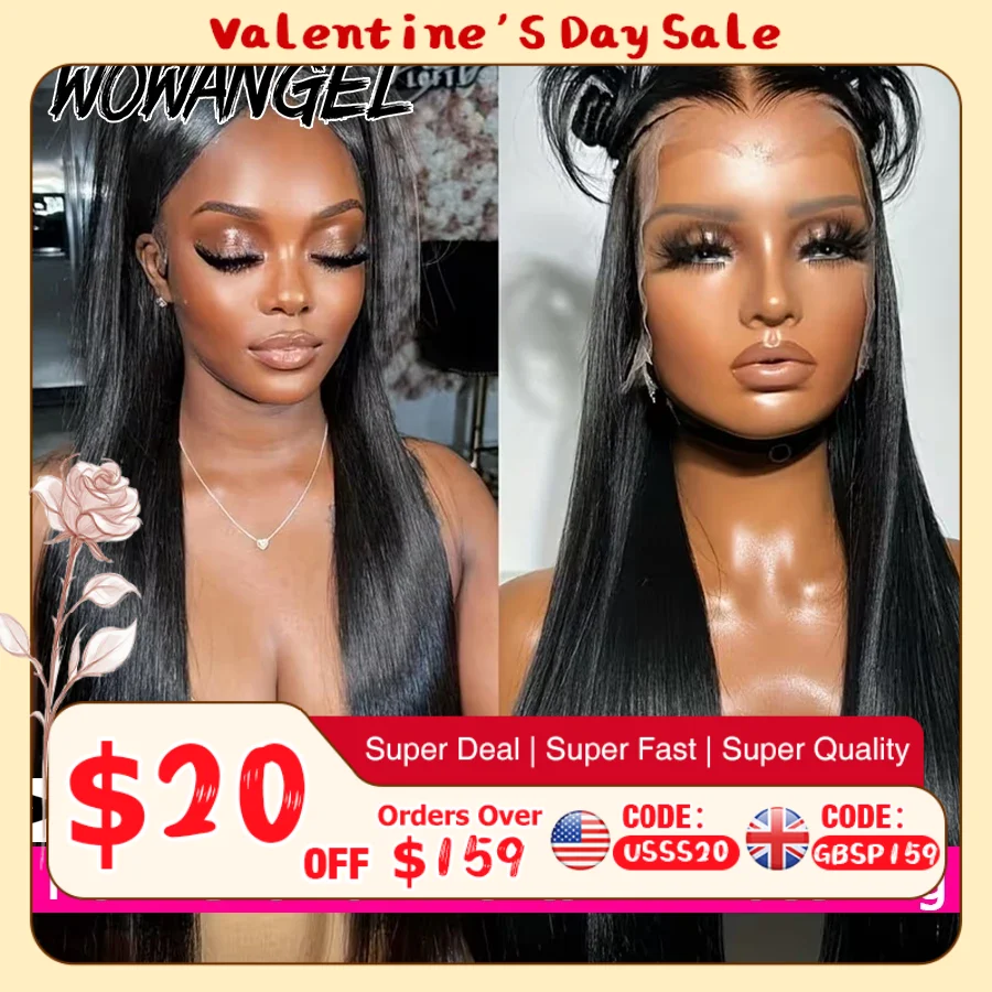 

Wow Angel Jet Black 13x6 HD Lace Frontal Wigs Straight 100% Human Hair Wigs 250% Pre Bleached Lace Front Glueless Wigs For Women
