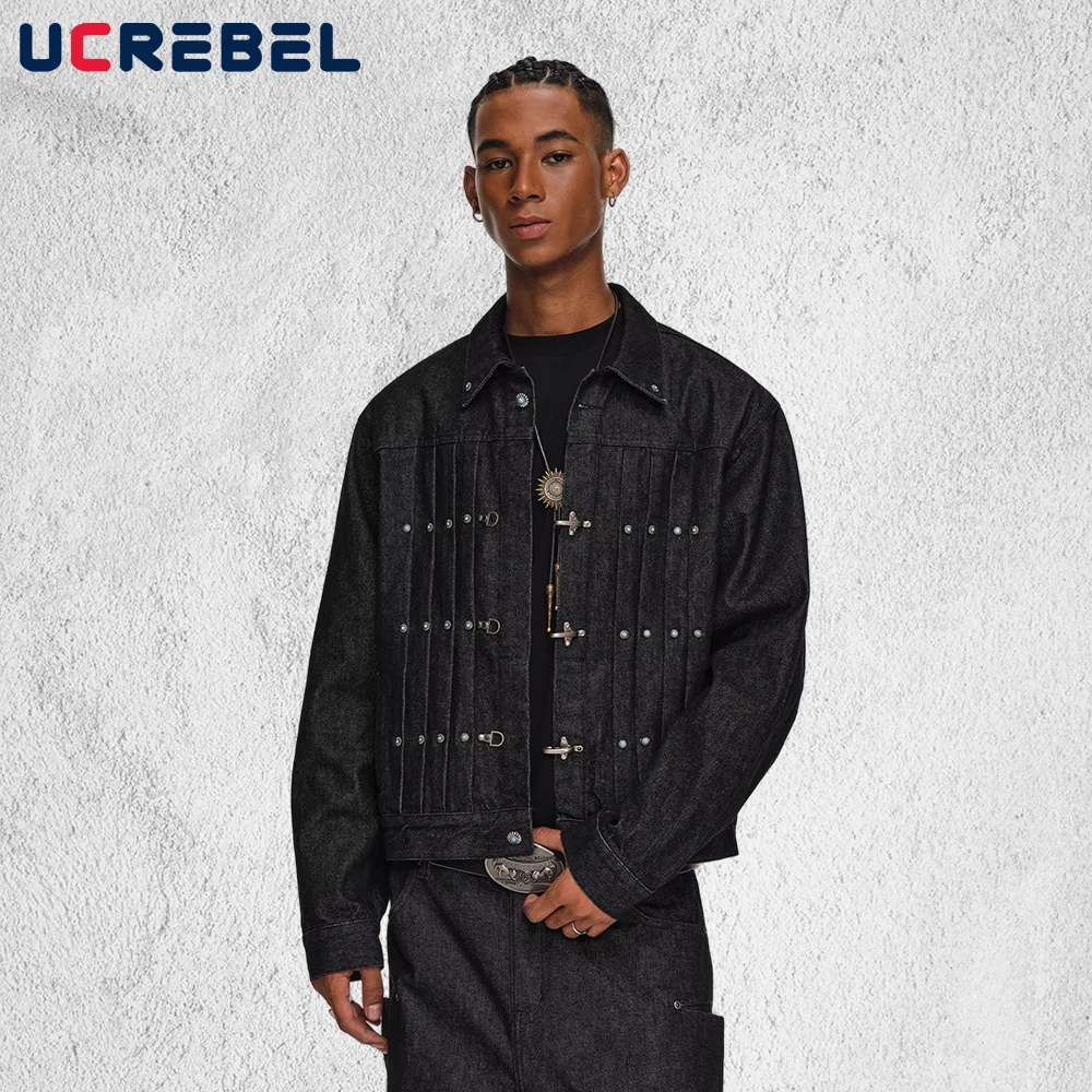 

Мужская джинсовая куртка из сращенного необработанного денима с заклепками в стиле ретро, уличная осенне-зимняя ковбойская куртка с лацканами и длинными рукавами, мужская верхняя одежда
