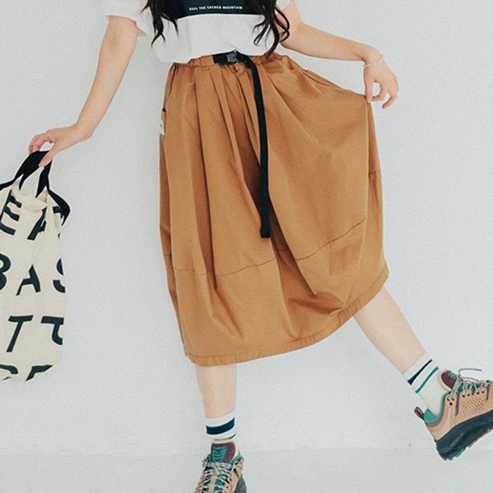 Retro Japanese pocket literary outdoor solid color loose spring and summer new versatile high waist casual tooling skirt