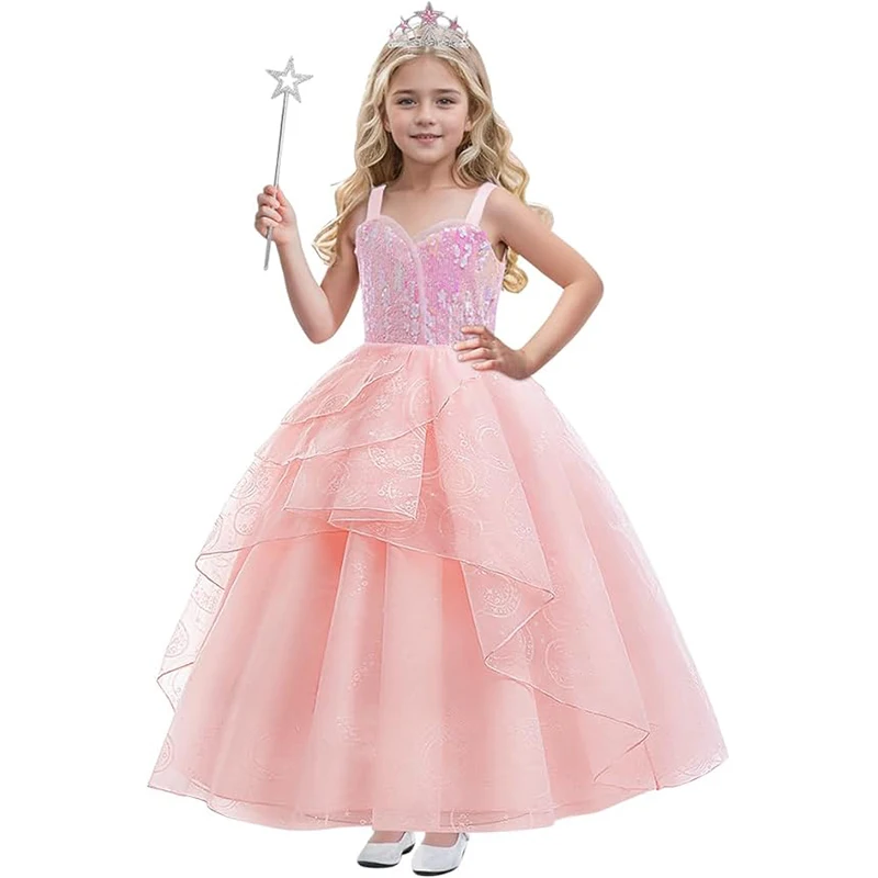 Carnaval Rosa bruja malvada princesa malla lentejuelas con accesorios disfraz para niños Cosplay vestido de fiesta de cumpleaños 3-12Y