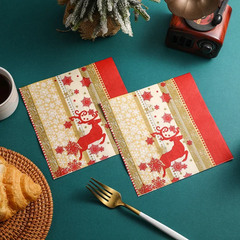 10/20 Stuks 33Cm 2-laags Kerst Themafeest Elanden Print Rood Goud Servetten Kleurrijk Kerst Serie Vierkante Servetten Papieren Placemats