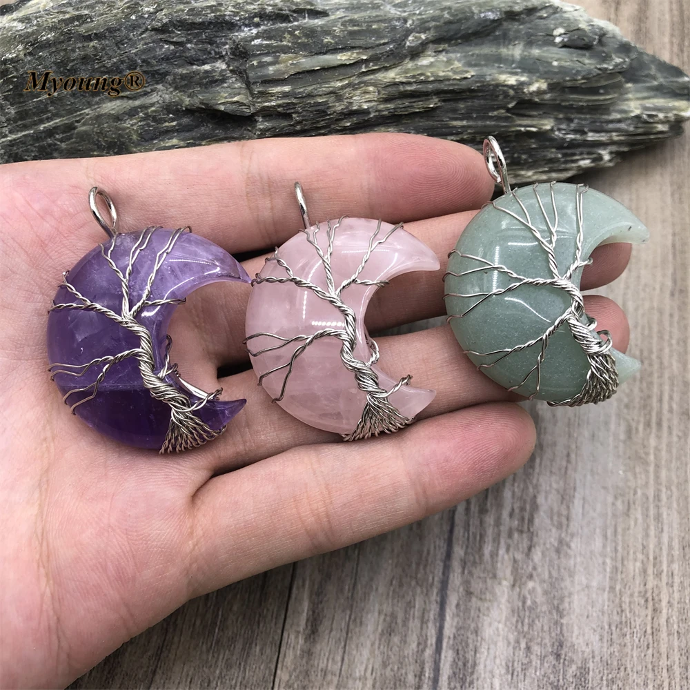 Wire Wrap Tree of Life Crescent Moon Shape Natural Healing Rose Crystal Quartz Amethysts Reiki Gems Stone Necklace Pendant