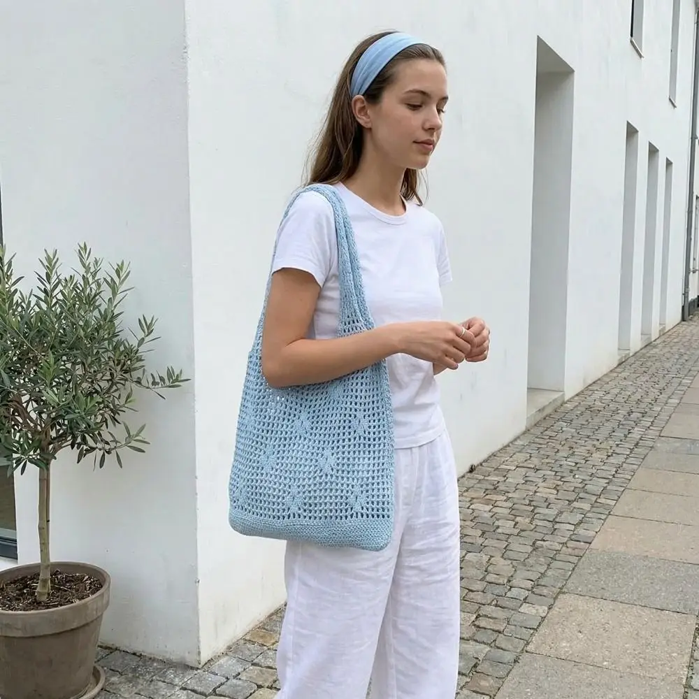 

Вязаная сумка в корейском стиле с ажурным плетением, плетеная сумка через плечо для отпуска, однотонная сумка-тоут, пляжная сумка на каждый день