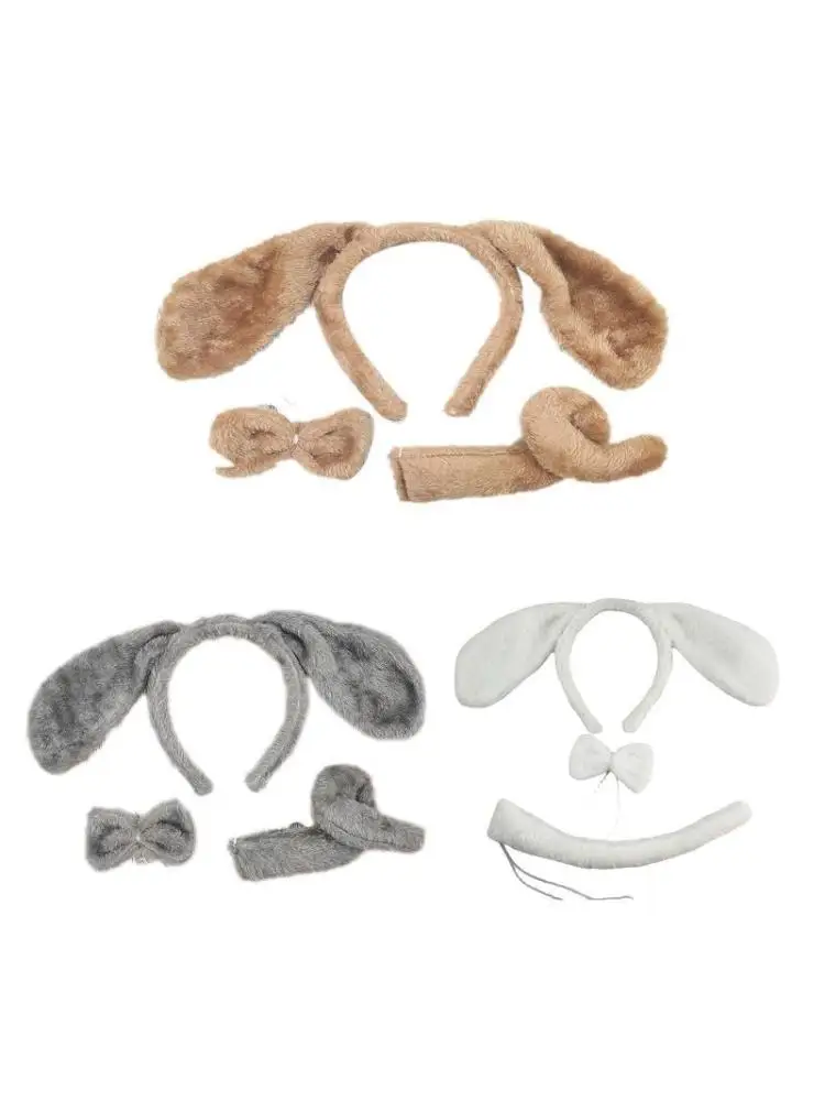 

652F Casual Plush Dog Ears Headband+Bow+Tail Animal Dog Ears Hair Hoop Set Cosplay Accessories for Cosplayer Daily Wear