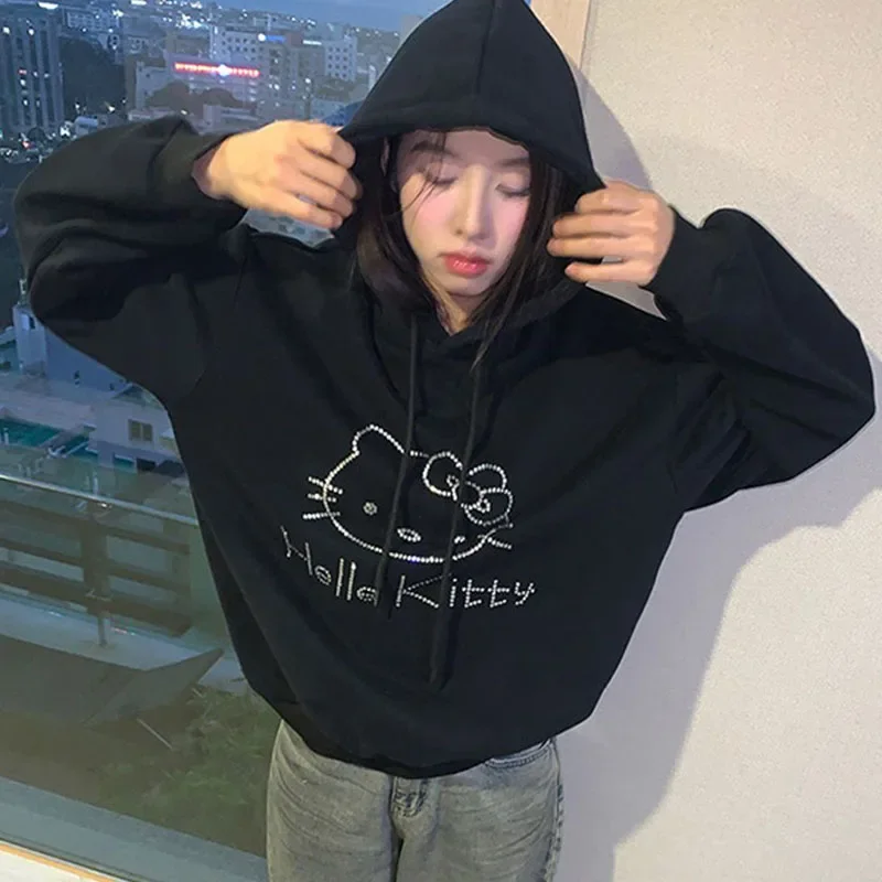 Sanrioed Hello Kittys Rhinestone Hooded Sweatshirt Women Autumn Winter Y2K Harajuku Couple Lazy Tops Loose Pullover Trend Hoodie