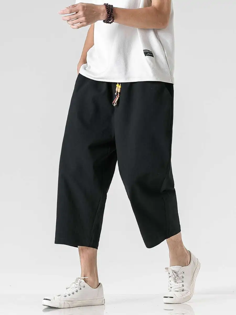 

Мужские повседневные хлопковые льняные брюки на семь футов, брюки Chánfu большого размера с высокой талией, длина весеннего сезона