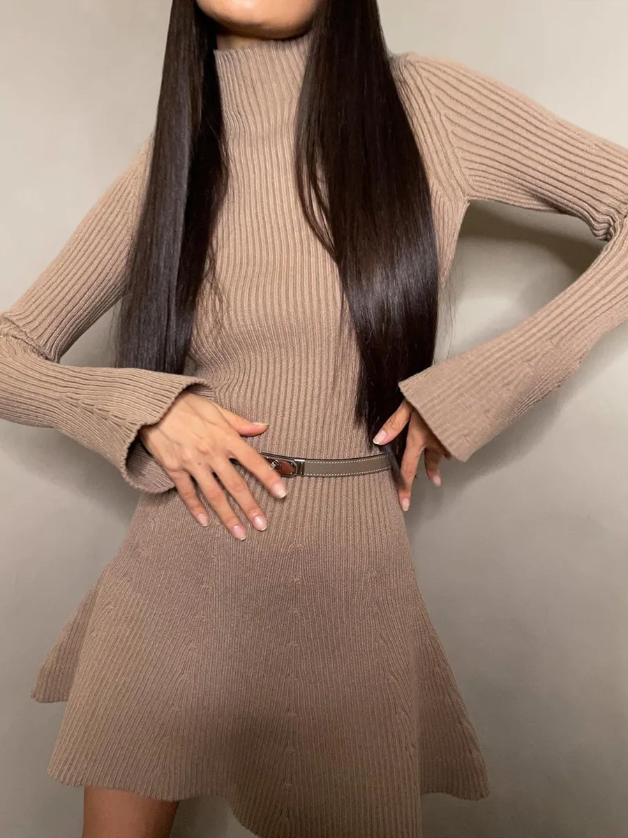 

Women Casual Ribbed Sweater Dress Autumn Winter Long Sleeve Turtleneck Solid Color Slim Fit A-lined Short Dresses Streetwear Y2K