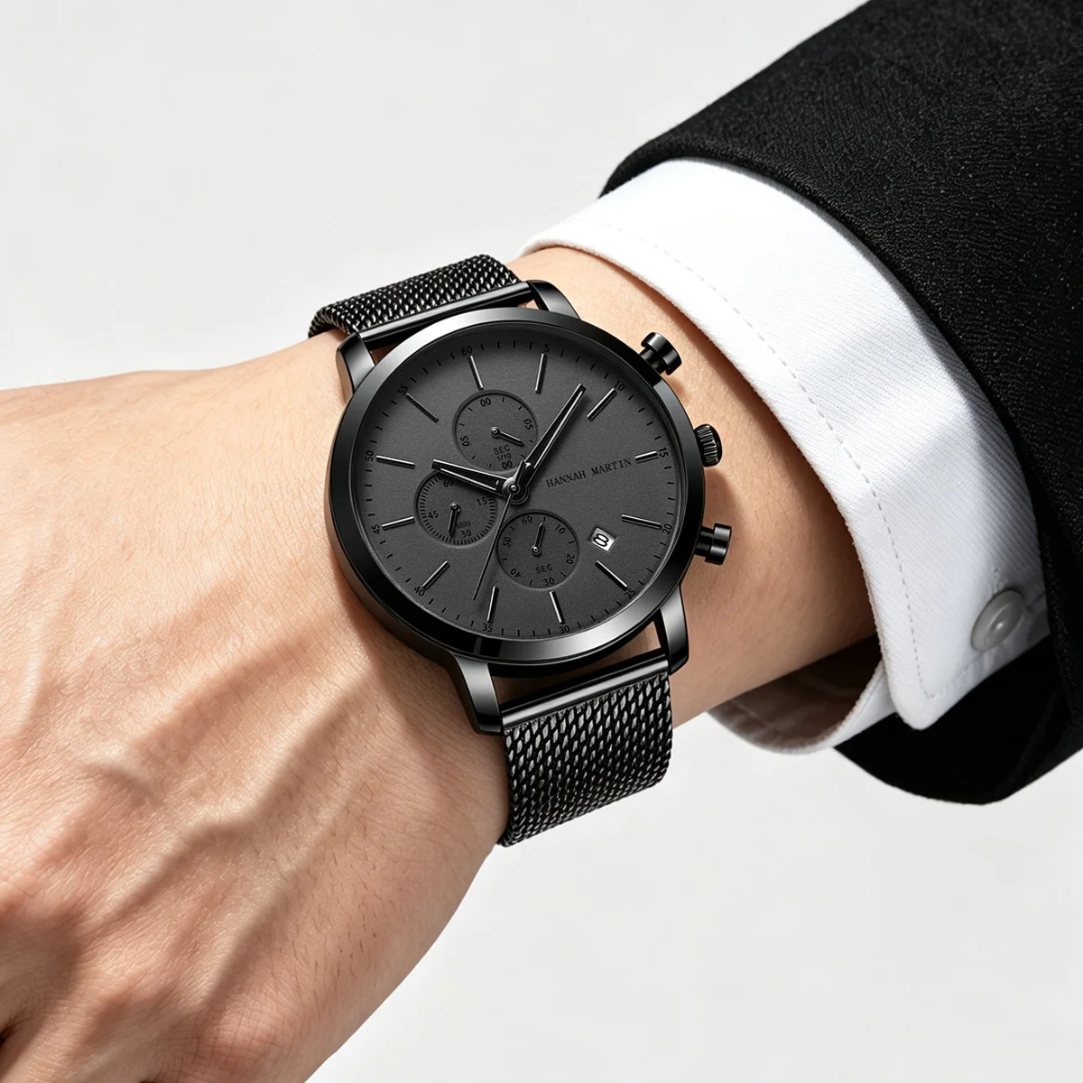Reloj HANNAH MARTIN de marca superior para hombre, reloj de cuarzo multifuncional deportivo resistente al agua a la moda de acero inoxidable negro, reloj Masculino