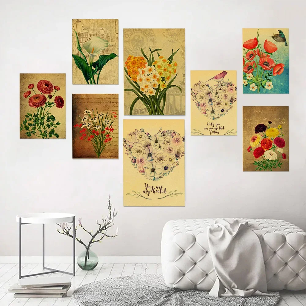 Drawing Floral Symbols Citing Posters Kraft Paper Floral Language Retro Printed Plants Home Decorationart Walls