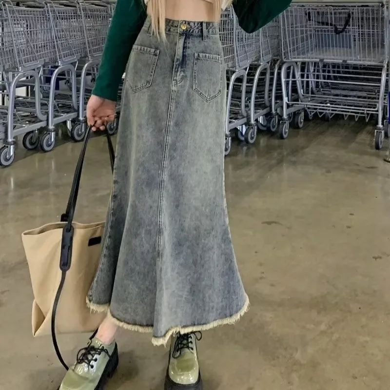 

Simple High Waist Tassel High Waist Denim Skirt Women's Summer New A- Line Mini Skirt Slimming Fish Tail Skirt