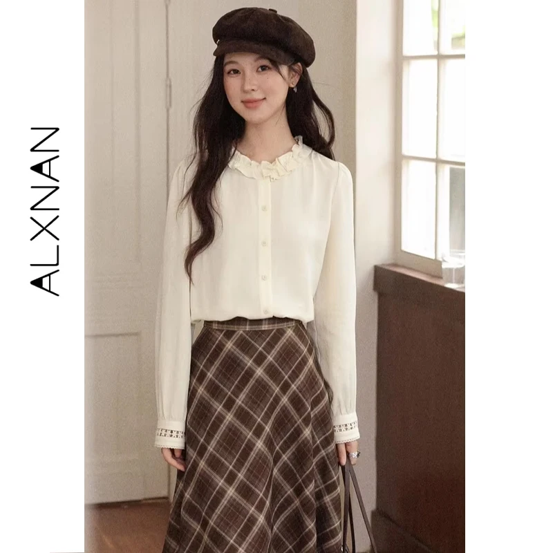ALXNAN Women's Apricot Shirts Ruffle Trim Round Neck Hollow Out Sleeve Cuffs Blouse New Versatile Fashion Ladies Tops L569166-1