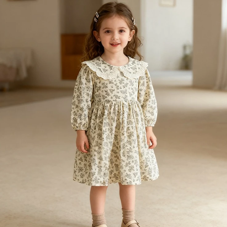 Menina saia 2025 primavera e outono novas roupas infantis menina bebê manga longa floral boneca colarinho vestido de renda casual simples