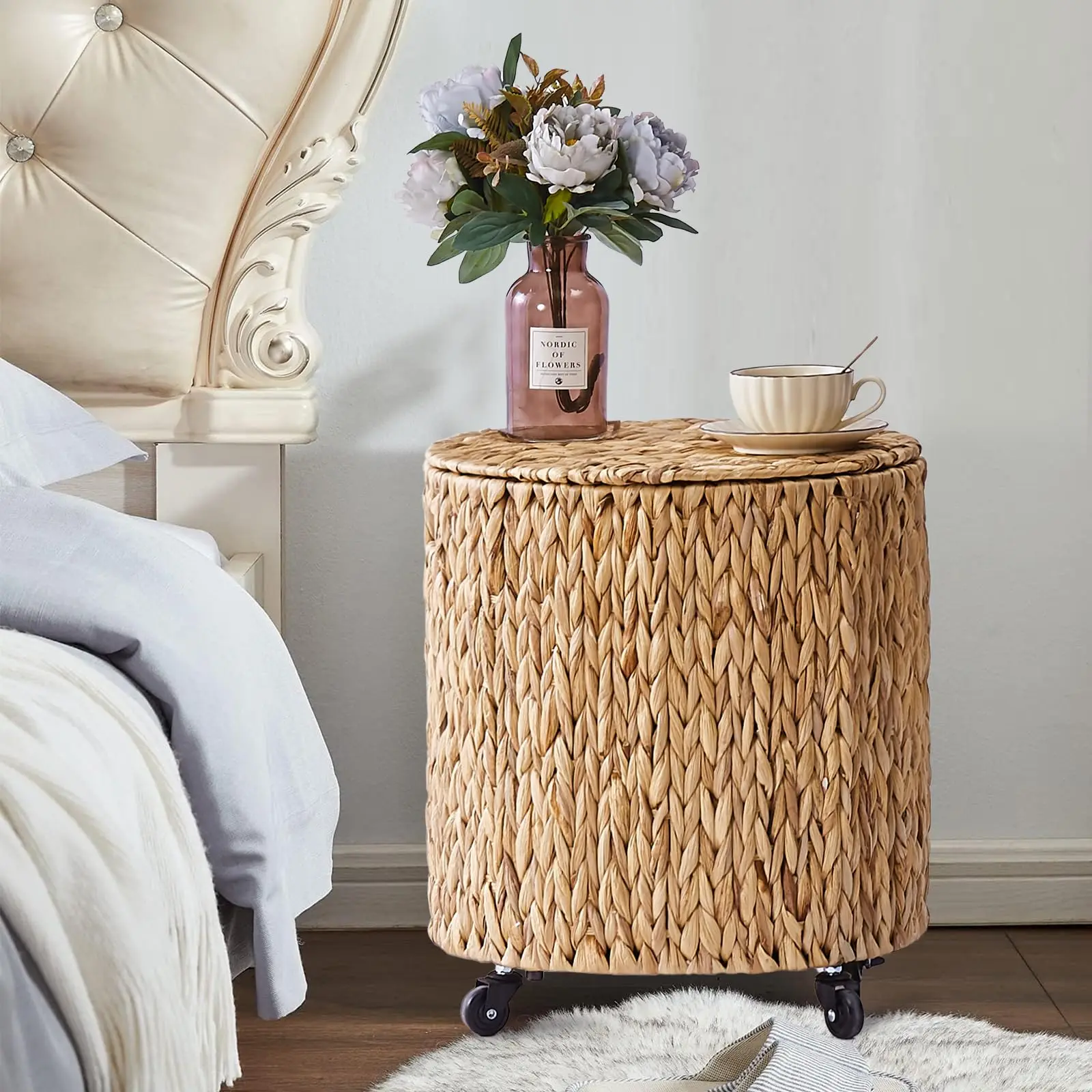 Vintage Storage Basket, Multipurpose Rolling Hamper With Brakable Wheels and Lid, Braid Laundry Bin, Clothes Toy Organizer