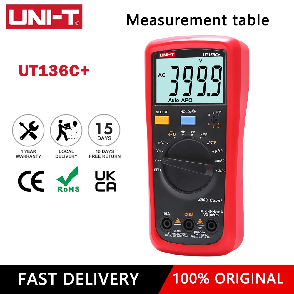 

UNI-T UT136B+ UT136C+ Digital Multimeter AC/DC Voltage Current LCD Display Overload Alarm Quick Sampling Diode Transistor Meas