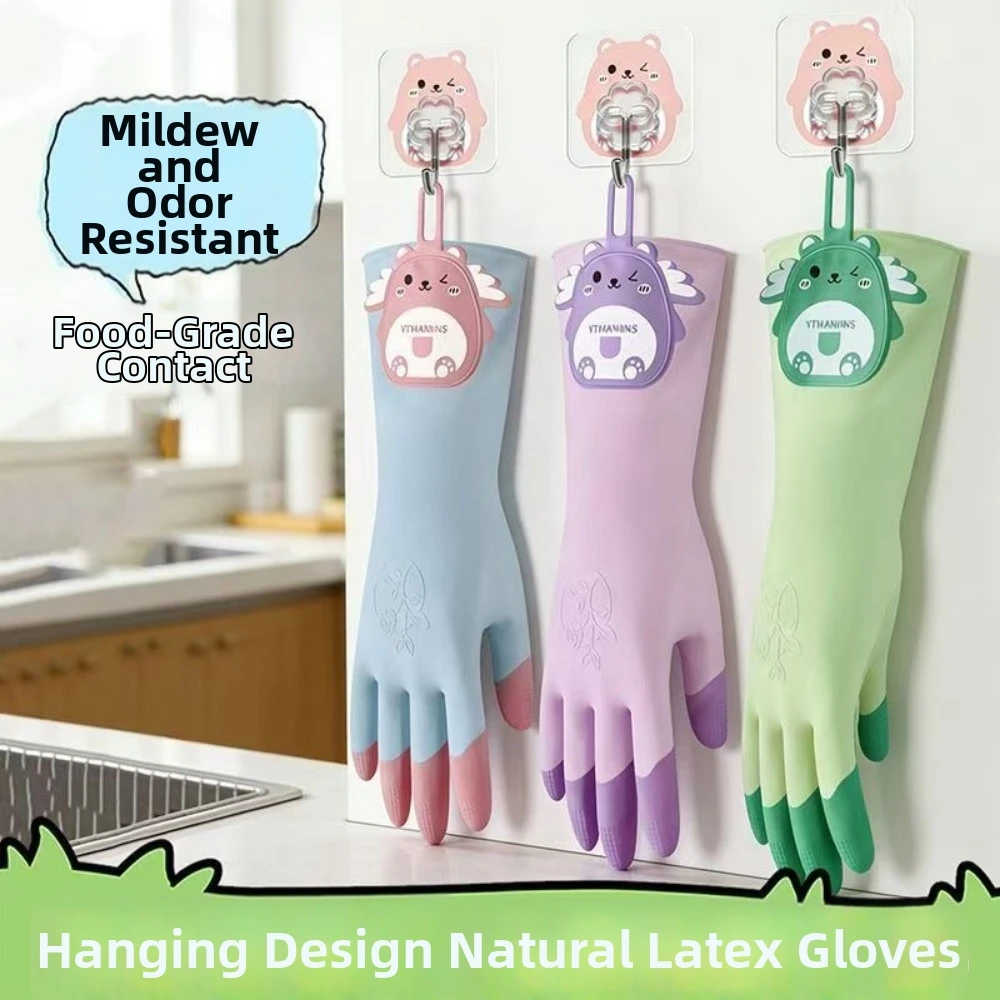 Non-Slip Dishwashing Gloves Tear-Resistant Cartoon Bear Household Gloves Hanging Reusable Kitchen Cleaning Gloves Kitchen Use