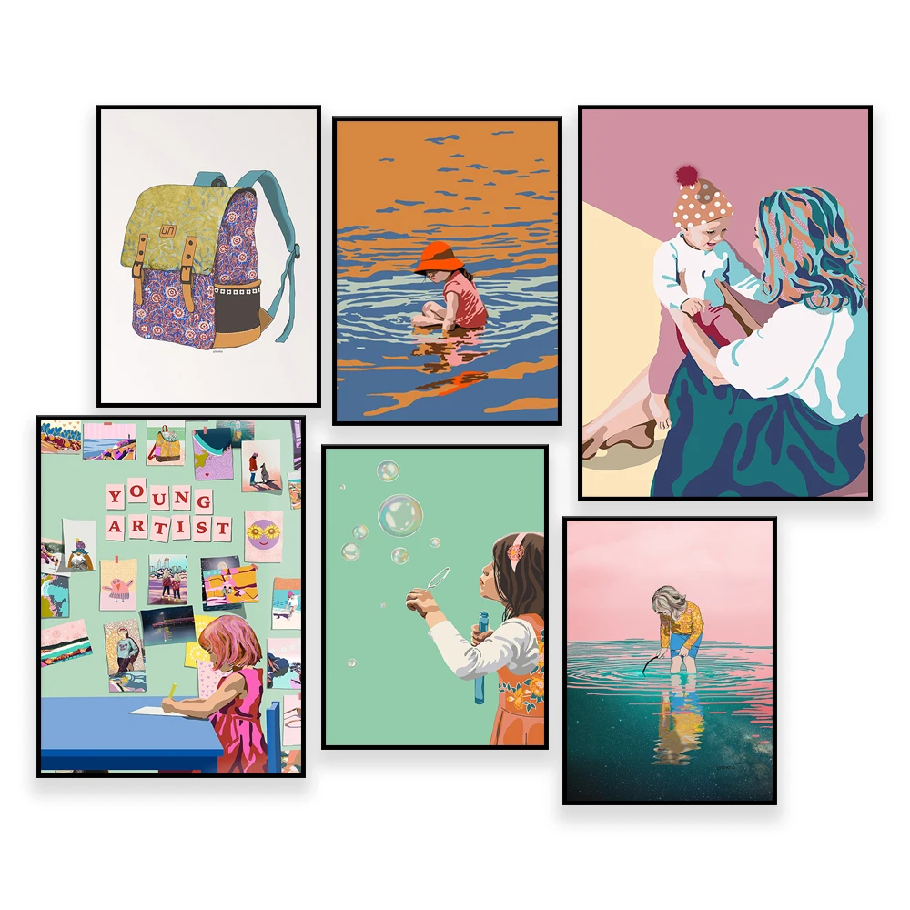 Little girls retro beach poster  print child - Tan illustration abstract coastal theme nursery artwork - Kids bedroom printable