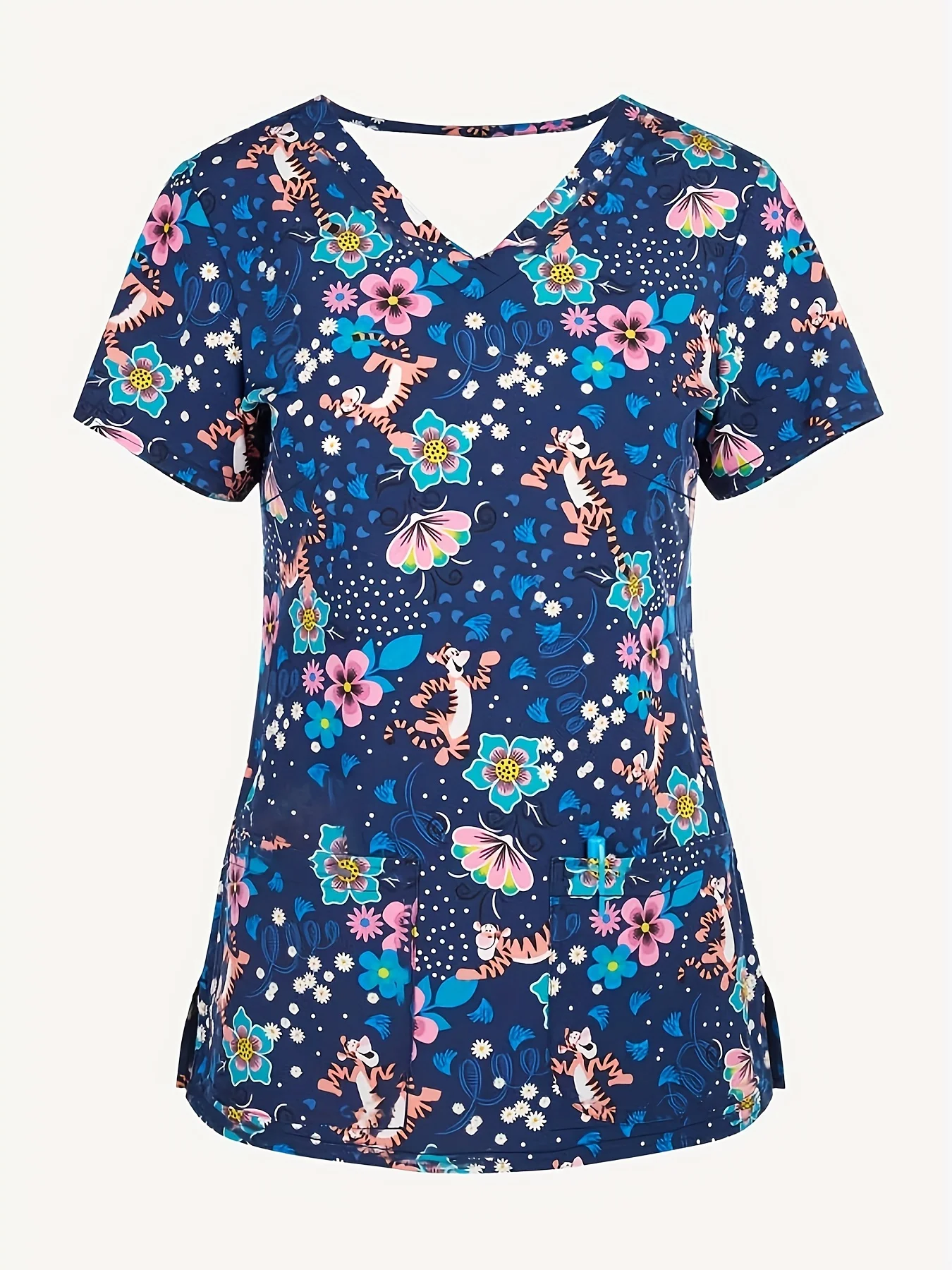 Uniforme clínico para mujer, estampado Floral, cuello en V, uniforme Dental sanitario elástico, Top de manga corta, venta al por mayor, uniforme de enfermera médico para mujer