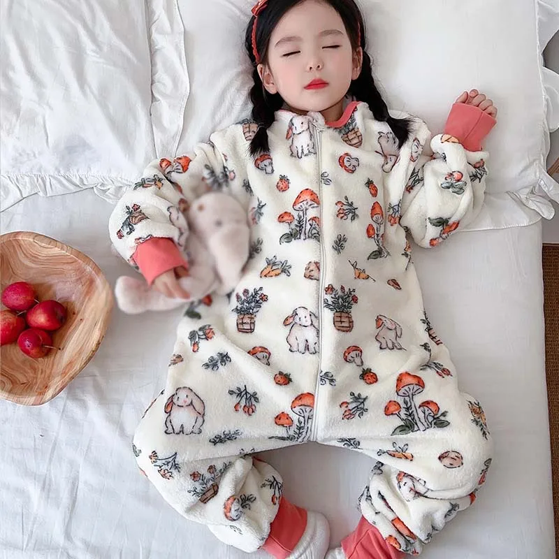 Children\'s Flannel Thickened Split Leg Sleeping Bag Baby Warm Pajamas One-piece Anti-kick Quilt Loungewear