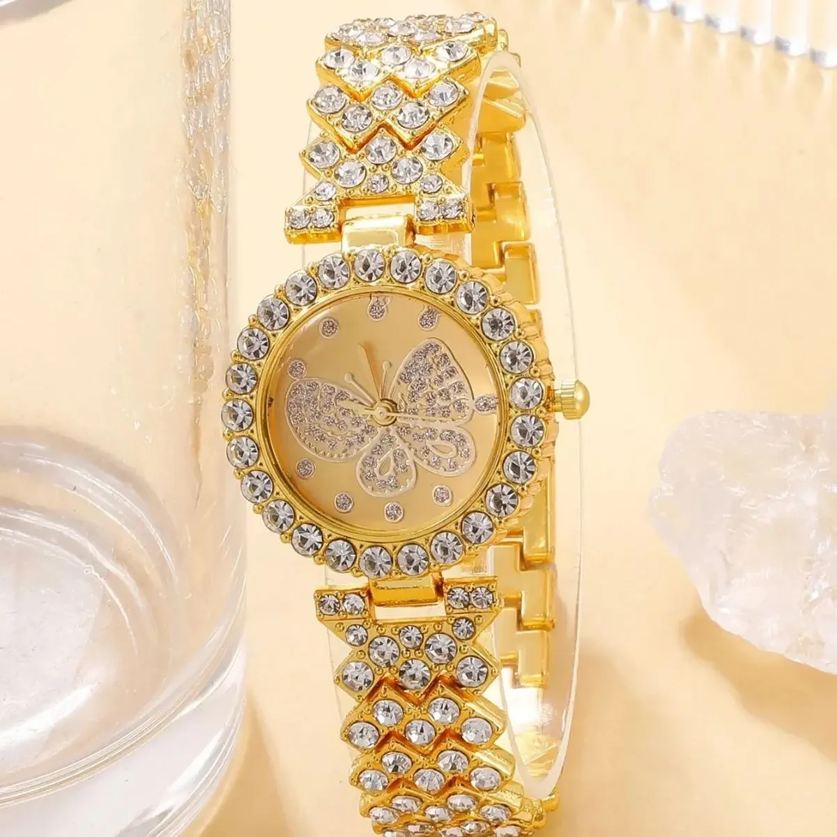 

Women's Quartz Watch Gold Luxury Women Fashion Simple Diamond Point Butterfly Dial Full of Crystals Steel Belt Quartz Wristwatch